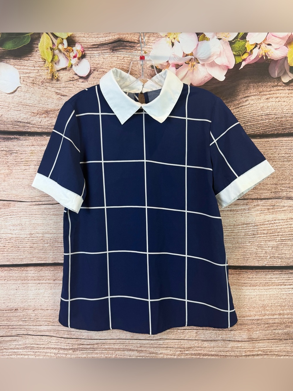 Women’s Plaid Office Style Short Sleeve Collared Blouse Top Small